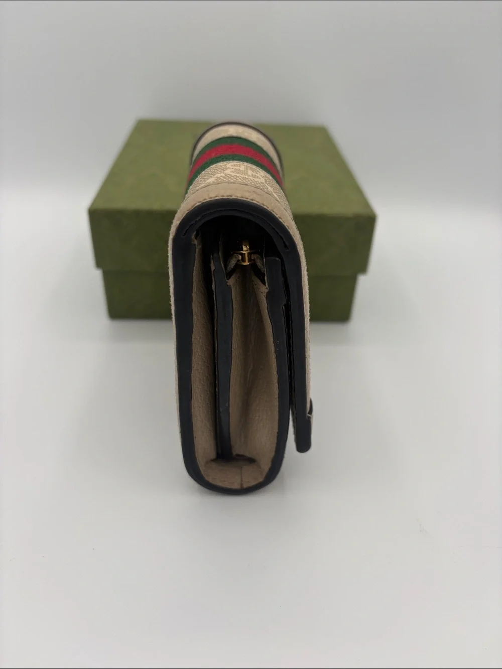 Gucci Ophidia GG Supreme Bifold Wallet- Beige/White with Green-Red Web Stripe